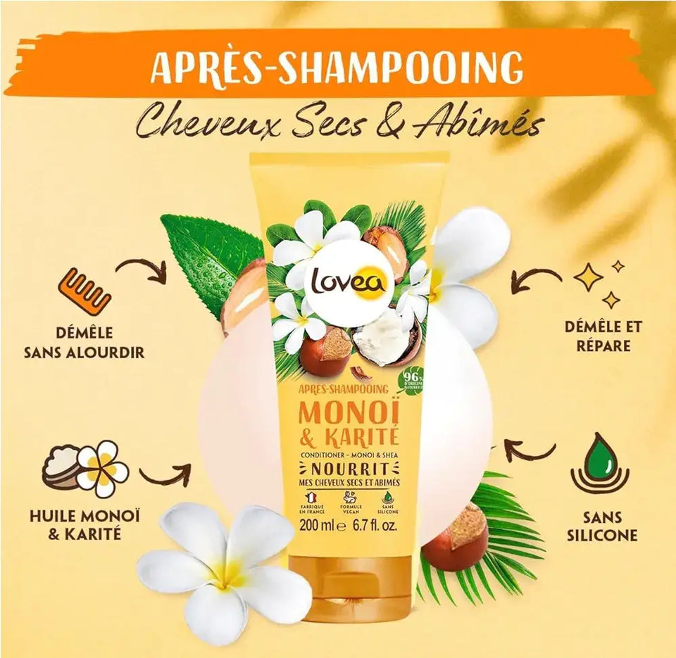 LOVEA - DUO Shampooing + Après Shampooing Monoi, Karité & Shea - Cheveux Secs et Abîmés- 200ml